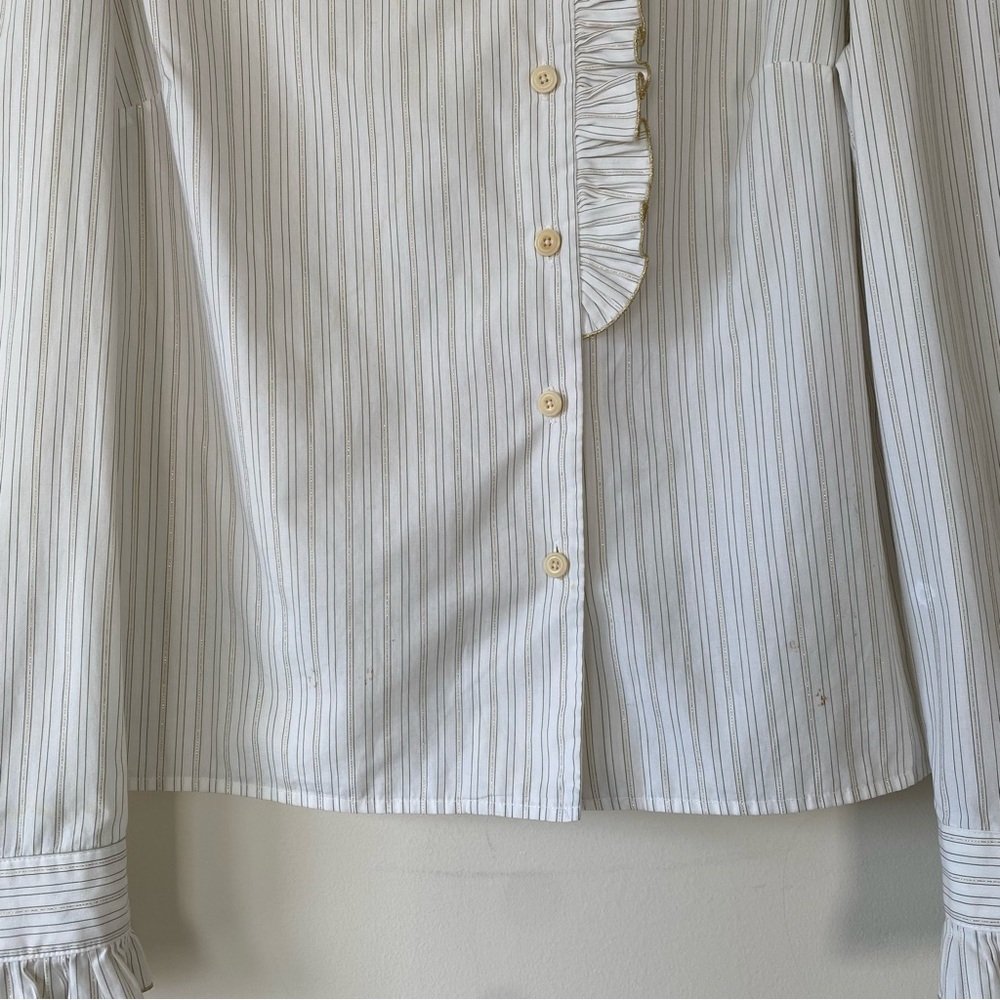 Lela Rose Ruffle Neck Stripe Long Sleeve Blouse Gold Metallic Size 8 - Picture 3 of 10